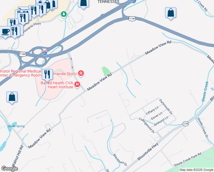 map of restaurants, bars, coffee shops, grocery stores, and more near 613 Meadow View Road in Bristol