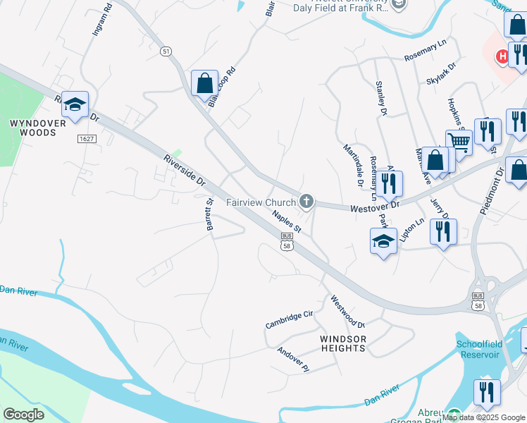 map of restaurants, bars, coffee shops, grocery stores, and more near 197 Naples Street in Danville