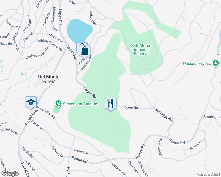 map of restaurants, bars, coffee shops, grocery stores, and more near 25 Poppy Ln. in Del Monte Forest