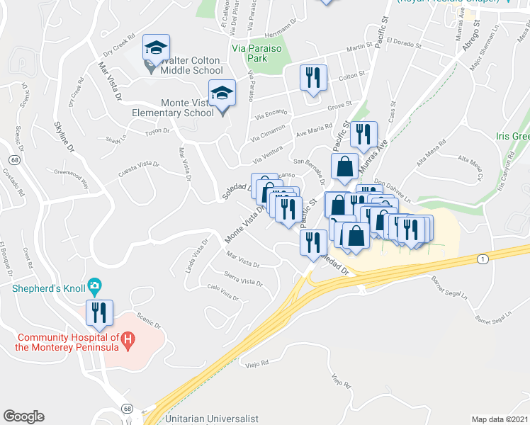 map of restaurants, bars, coffee shops, grocery stores, and more near 57 Soledad Drive in Monterey