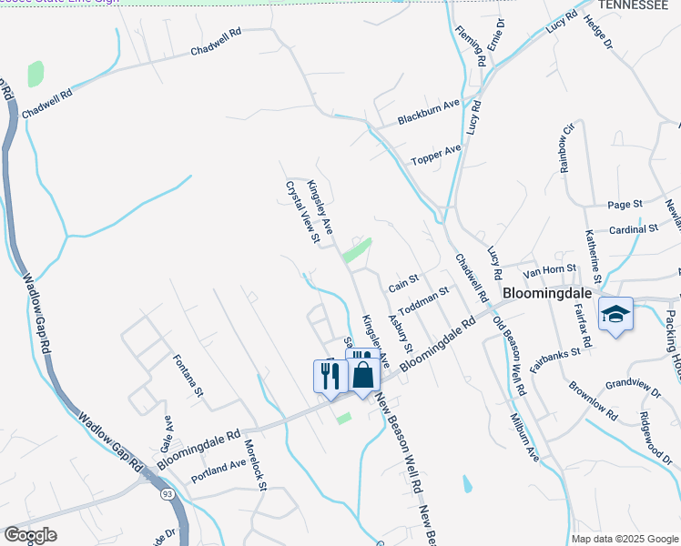 map of restaurants, bars, coffee shops, grocery stores, and more near 176 Kingsley Avenue in Kingsport