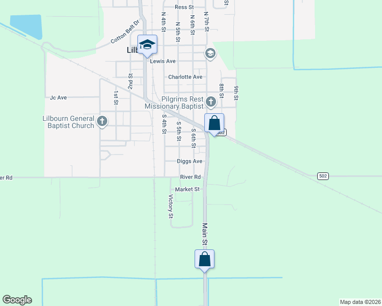 map of restaurants, bars, coffee shops, grocery stores, and more near in Lilbourn