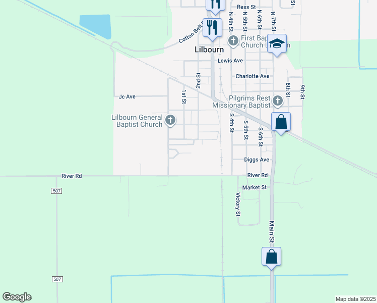 map of restaurants, bars, coffee shops, grocery stores, and more near 1 Blades Drive in Lilbourn