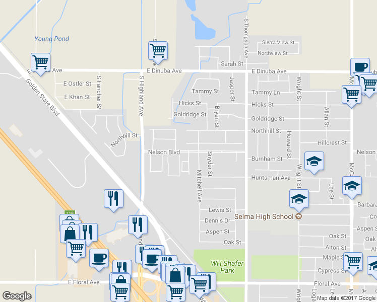 map of restaurants, bars, coffee shops, grocery stores, and more near Nelson Blvd & O'Ryan St in Selma