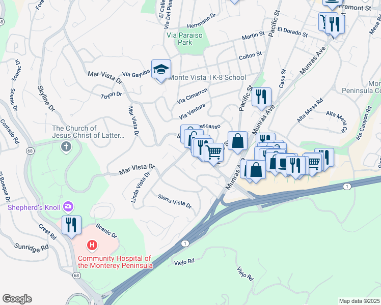 map of restaurants, bars, coffee shops, grocery stores, and more near 5 Monte Vista Drive in Monterey
