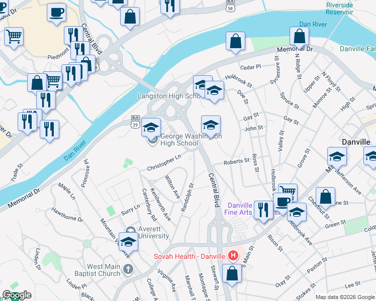 map of restaurants, bars, coffee shops, grocery stores, and more near 701 Broad Street in Danville