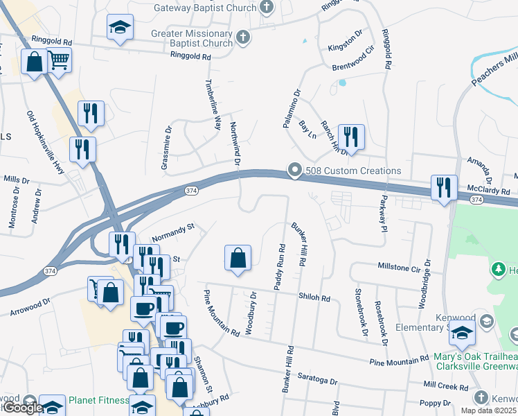map of restaurants, bars, coffee shops, grocery stores, and more near 431 Victory Road in Clarksville