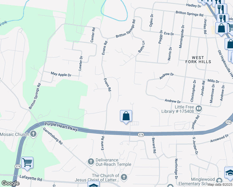 map of restaurants, bars, coffee shops, grocery stores, and more near 1821 Evans Road in Clarksville