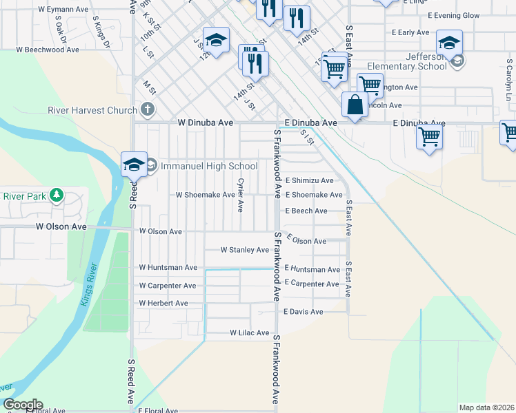 map of restaurants, bars, coffee shops, grocery stores, and more near 1329 South Frankwood Avenue in Reedley