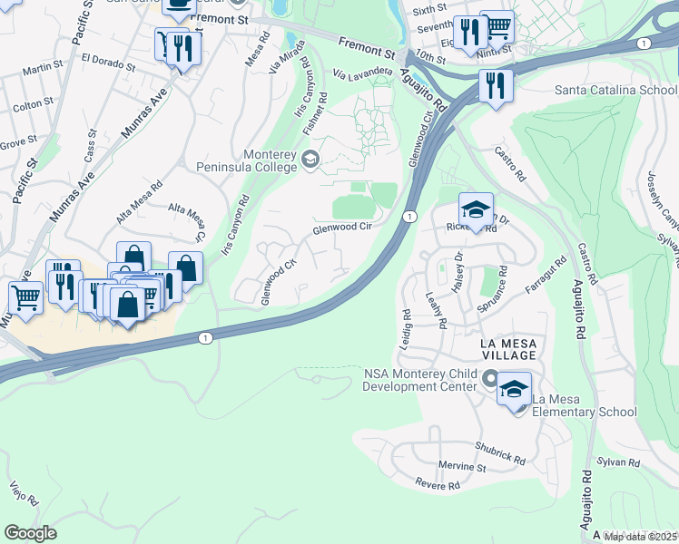 map of restaurants, bars, coffee shops, grocery stores, and more near 300 Glenwood Circle in Monterey