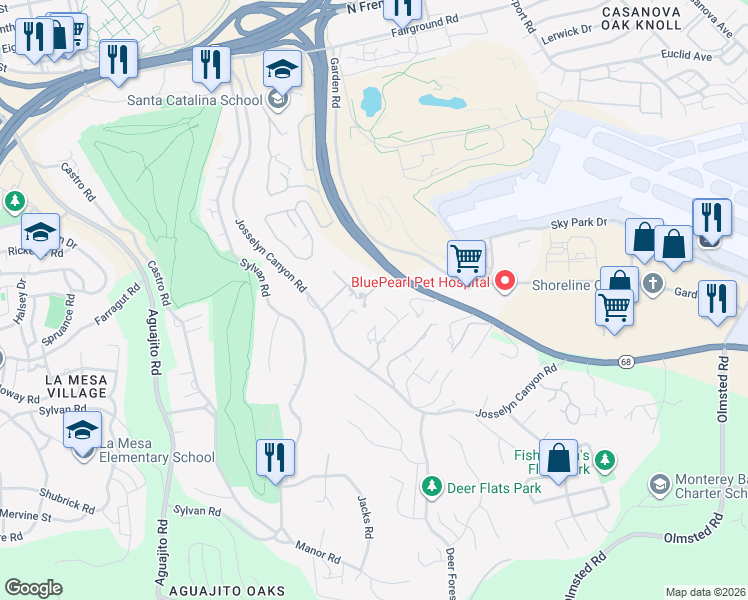 map of restaurants, bars, coffee shops, grocery stores, and more near 1249 Josselyn Canyon Road in Monterey