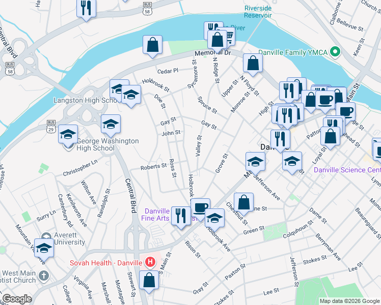 map of restaurants, bars, coffee shops, grocery stores, and more near 101 Roberts Street in Danville