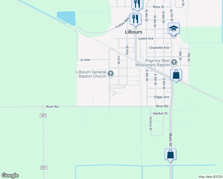map of restaurants, bars, coffee shops, grocery stores, and more near Baehr Rd in Lilbourn