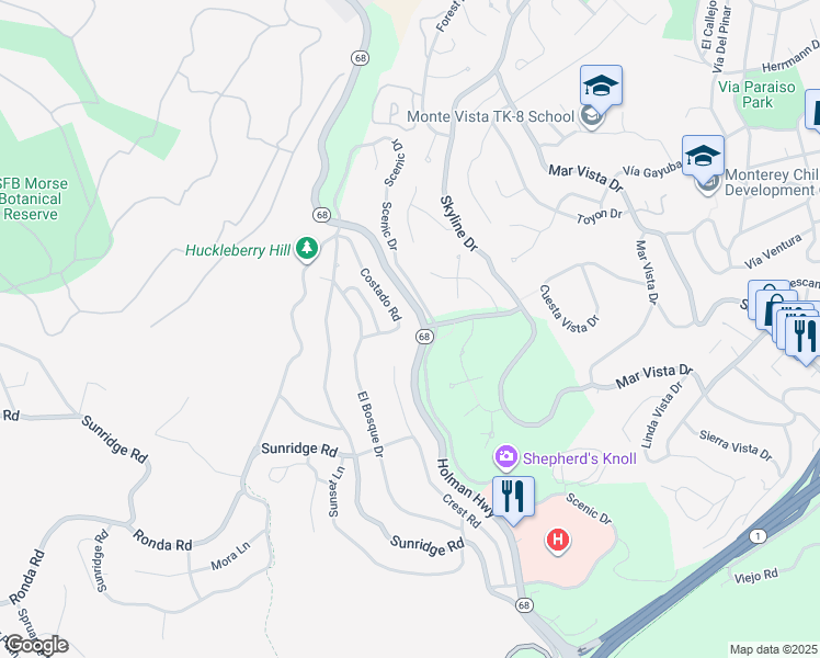 map of restaurants, bars, coffee shops, grocery stores, and more near 4043 Costado Road in Del Monte Forest
