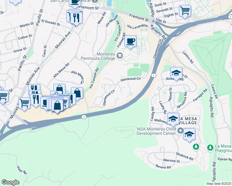 map of restaurants, bars, coffee shops, grocery stores, and more near 200 Glenwood Circle in Monterey