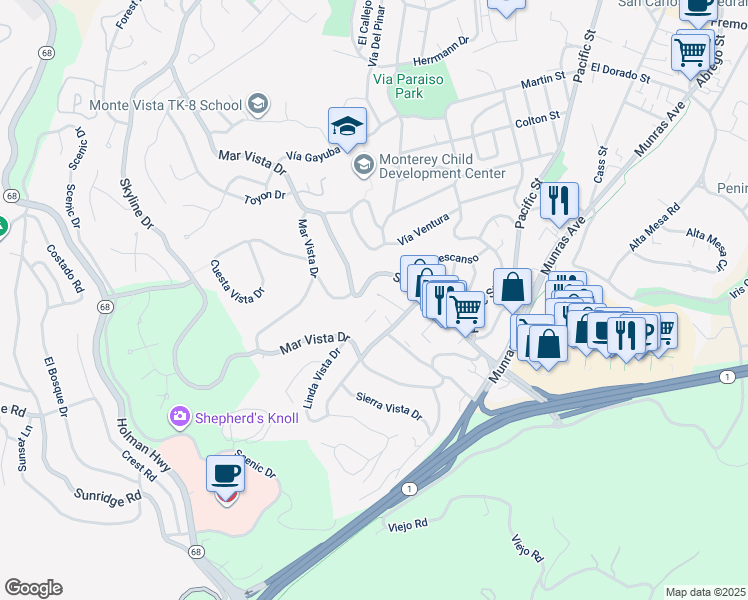 map of restaurants, bars, coffee shops, grocery stores, and more near 1109 Golden Oaks Lane in Monterey