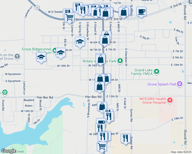 map of restaurants, bars, coffee shops, grocery stores, and more near 1102 South Main Street in Grove