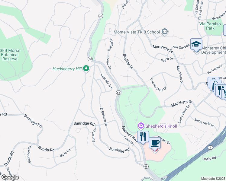 map of restaurants, bars, coffee shops, grocery stores, and more near 4043 Costado Road in Del Monte Forest