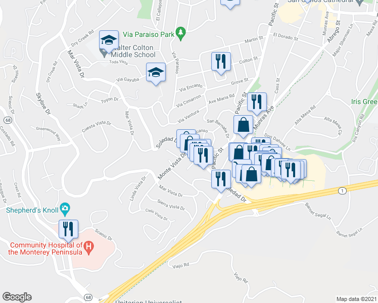 map of restaurants, bars, coffee shops, grocery stores, and more near Soledad Drive & Monte Vista Drive in Monterey