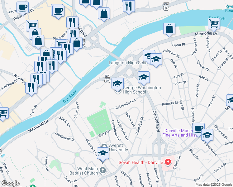 map of restaurants, bars, coffee shops, grocery stores, and more near 701 Broad Street in Danville