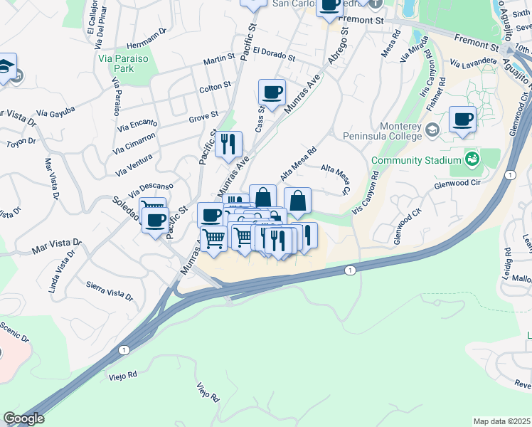 map of restaurants, bars, coffee shops, grocery stores, and more near 101 Don Dahvee Lane in Monterey