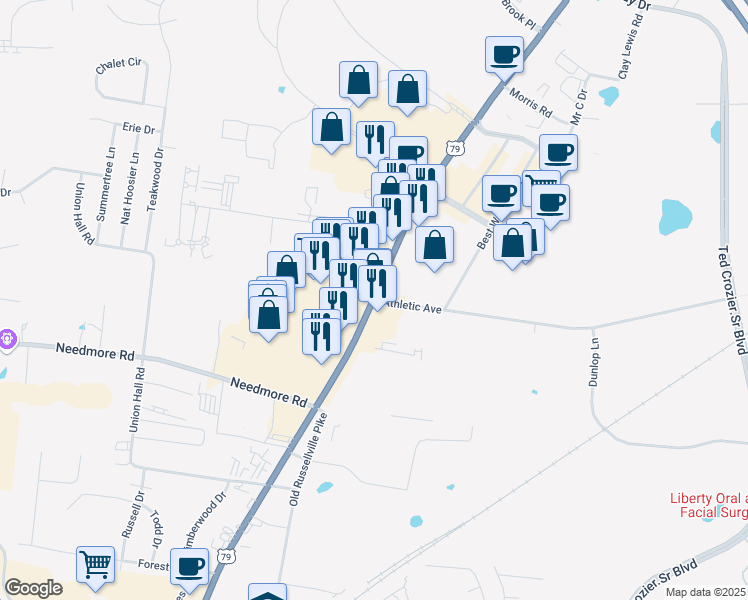 map of restaurants, bars, coffee shops, grocery stores, and more near 2801 Guthrie Highway in Clarksville