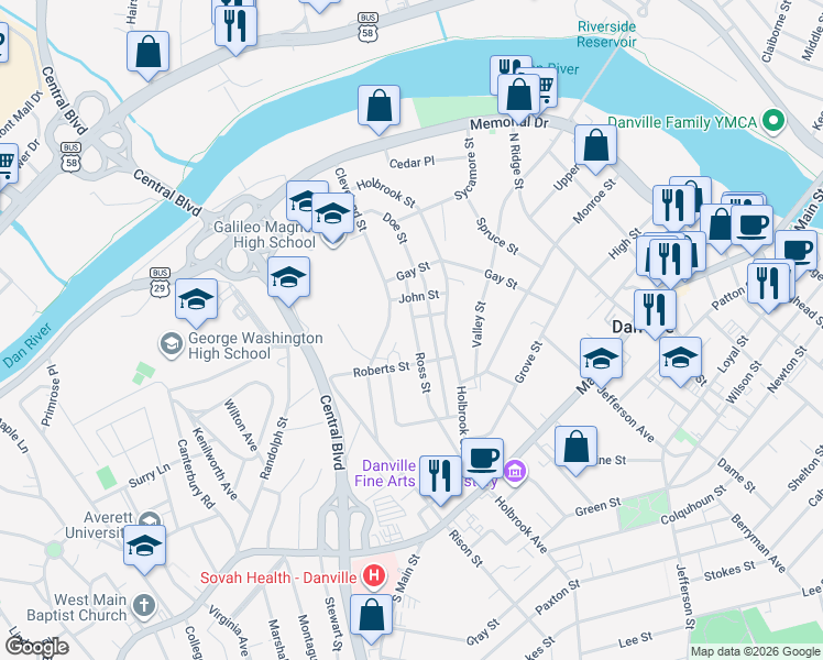 map of restaurants, bars, coffee shops, grocery stores, and more near 361 Ross Street in Danville