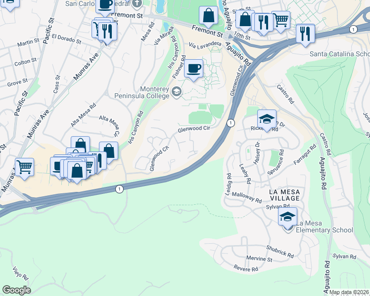 map of restaurants, bars, coffee shops, grocery stores, and more near 300 Glenwood Circle in Monterey
