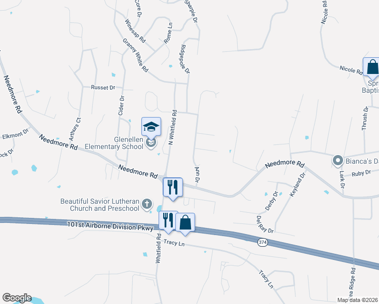 map of restaurants, bars, coffee shops, grocery stores, and more near 2738 Ann Drive in Clarksville