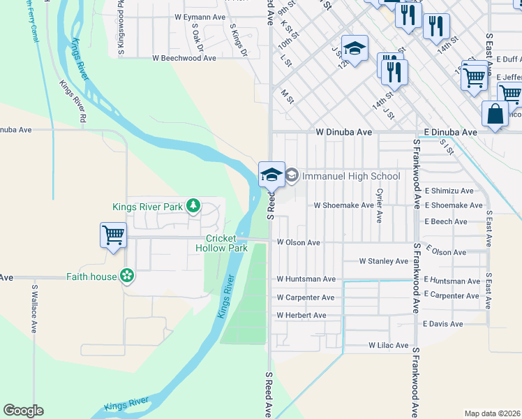 map of restaurants, bars, coffee shops, grocery stores, and more near 681 South Reed Avenue in Reedley