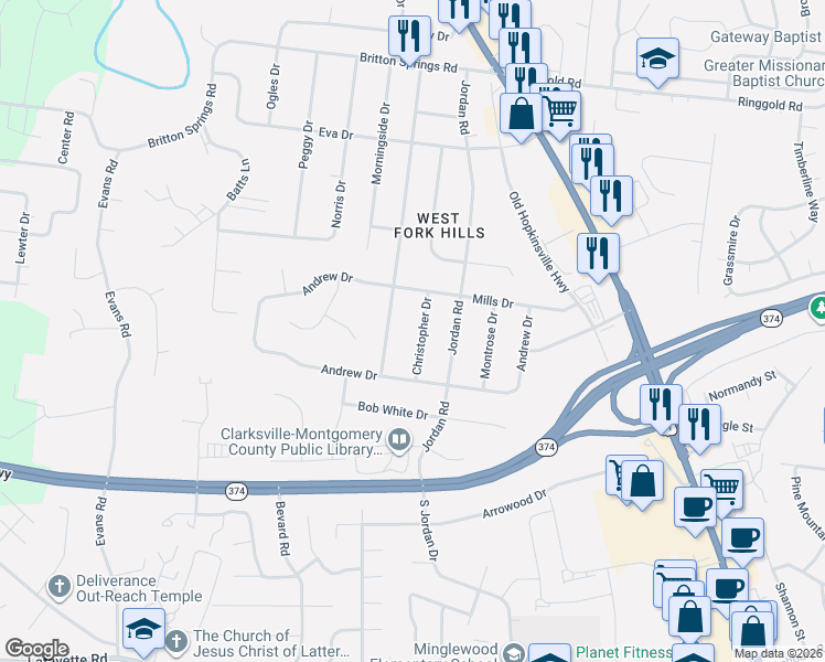 map of restaurants, bars, coffee shops, grocery stores, and more near 406 Ambrose Drive in Clarksville