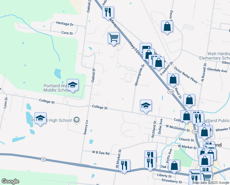 map of restaurants, bars, coffee shops, grocery stores, and more near 517 College Street in Portland