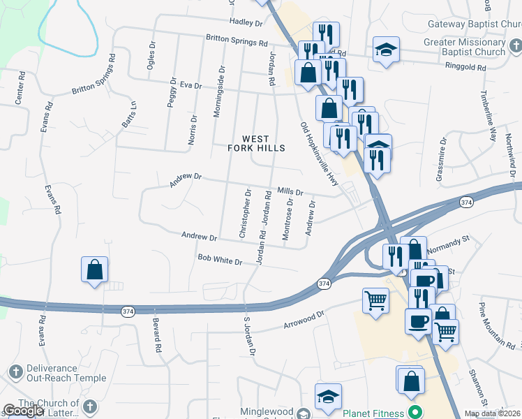 map of restaurants, bars, coffee shops, grocery stores, and more near 403 Jordan Road in Clarksville