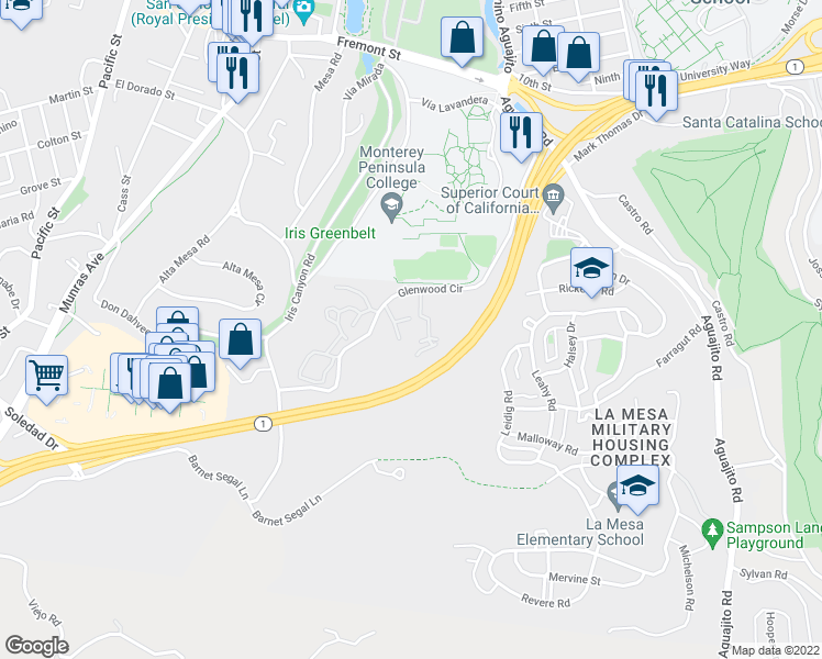 map of restaurants, bars, coffee shops, grocery stores, and more near 300 Glenwood Circle in Monterey
