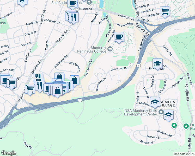 map of restaurants, bars, coffee shops, grocery stores, and more near 201 Glenwood Circle in Monterey