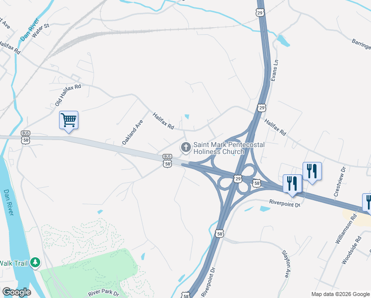 map of restaurants, bars, coffee shops, grocery stores, and more near 105-199 Kent St in Danville