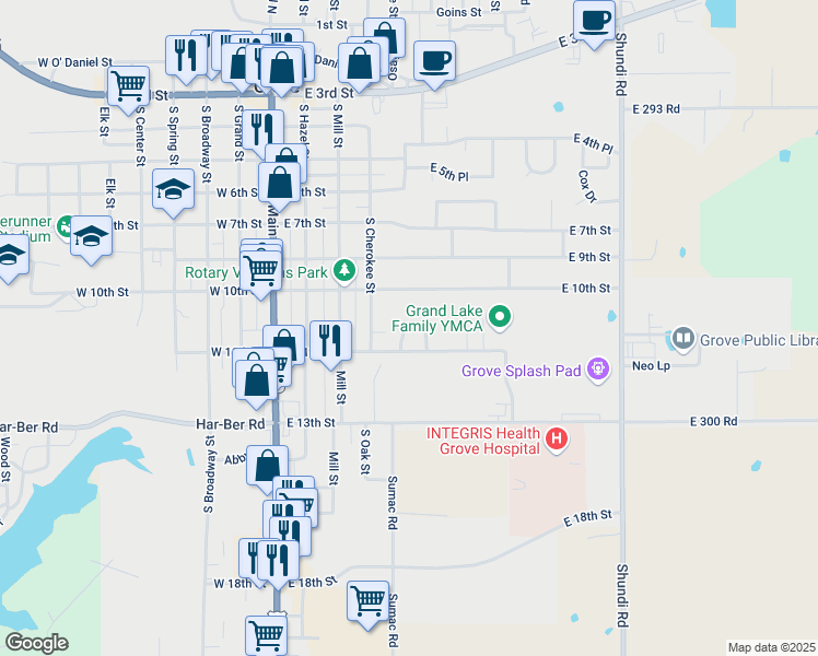 map of restaurants, bars, coffee shops, grocery stores, and more near 1017 Pleasant Drive in Grove