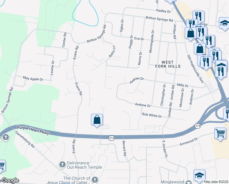 map of restaurants, bars, coffee shops, grocery stores, and more near 360 Andrew Drive in Clarksville