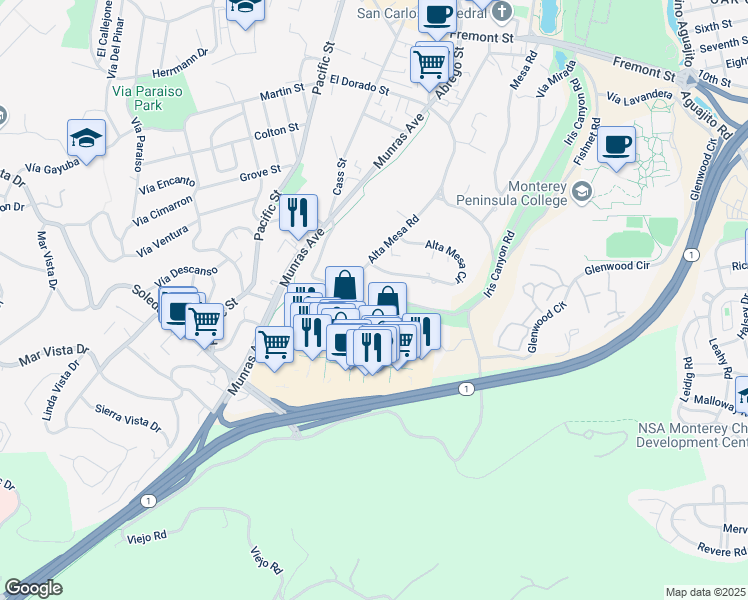 map of restaurants, bars, coffee shops, grocery stores, and more near 119 Don Dahvee Lane in Monterey