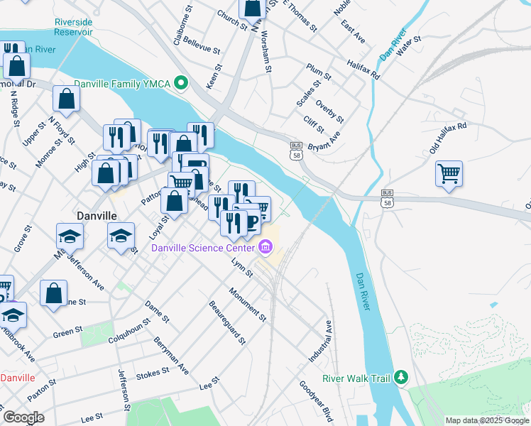map of restaurants, bars, coffee shops, grocery stores, and more near 104 Colquohoun Street in Danville