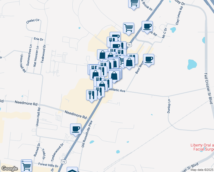 map of restaurants, bars, coffee shops, grocery stores, and more near 2801 Guthrie Highway in Clarksville