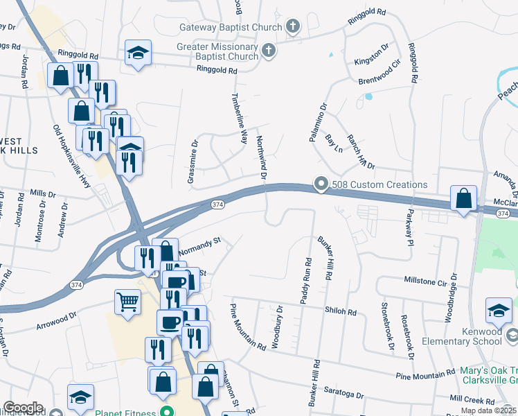 map of restaurants, bars, coffee shops, grocery stores, and more near 101st Airborne Division Pkwy in Clarksville