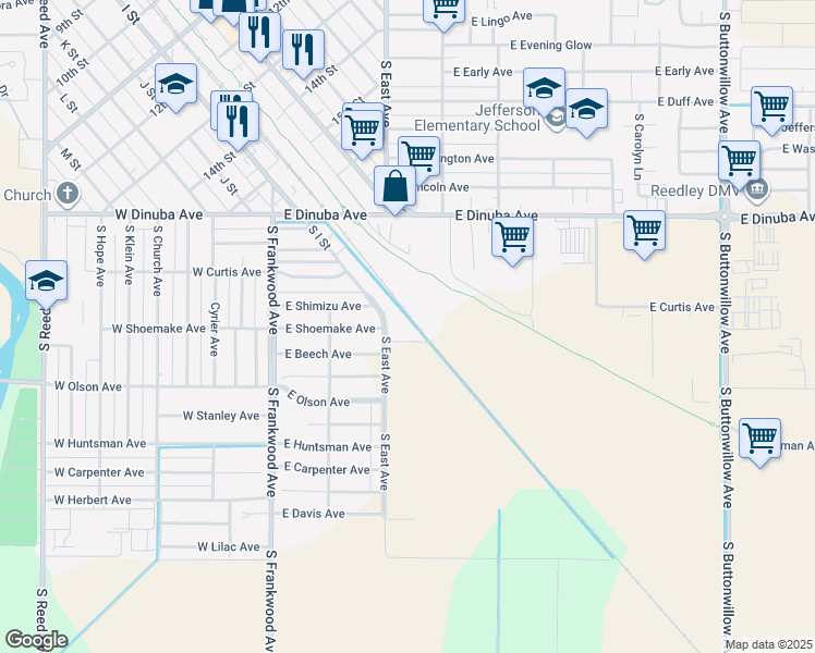 map of restaurants, bars, coffee shops, grocery stores, and more near 1110 South I Street in Reedley