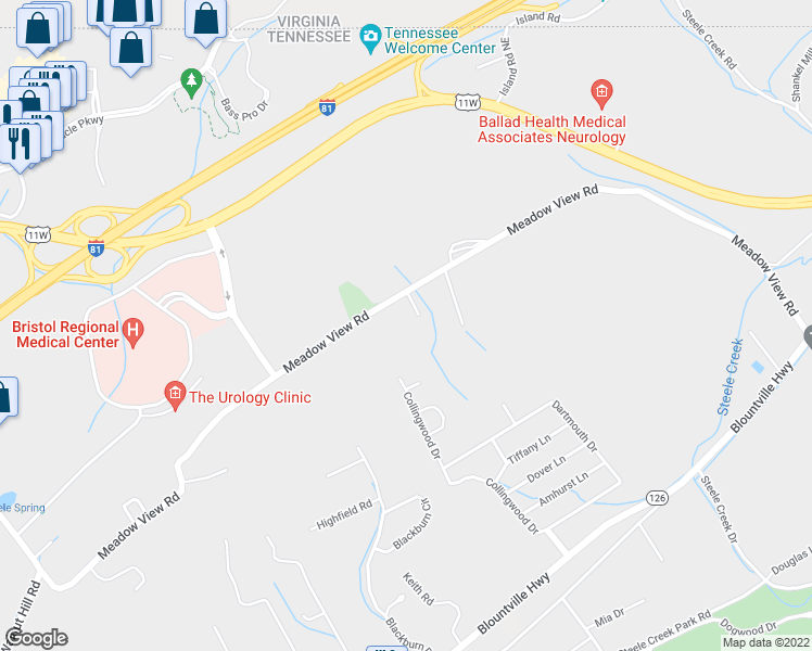 map of restaurants, bars, coffee shops, grocery stores, and more near 581 Meadow View Road in Bristol