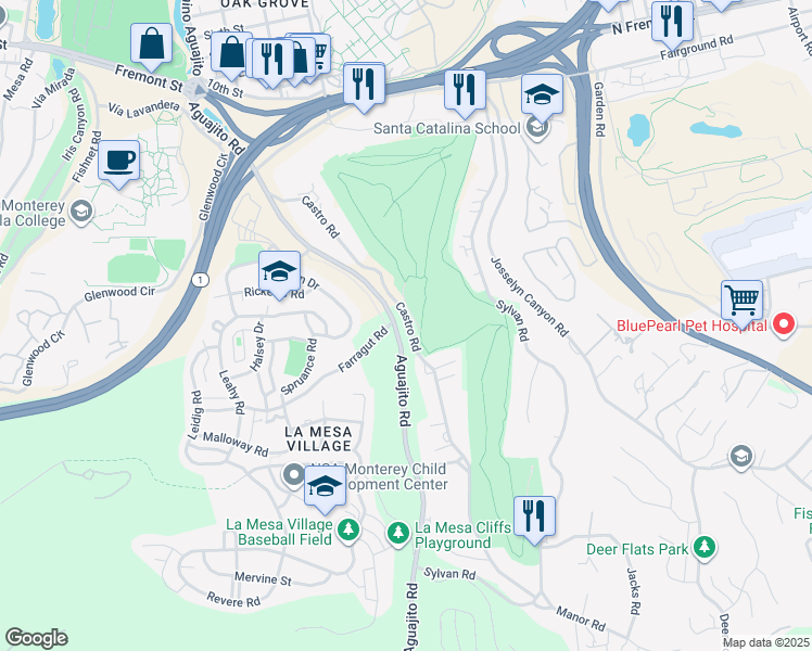 map of restaurants, bars, coffee shops, grocery stores, and more near 1100 Castro Road in Monterey