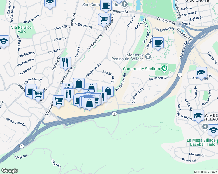 map of restaurants, bars, coffee shops, grocery stores, and more near 59 Alta Mesa Circle in Monterey