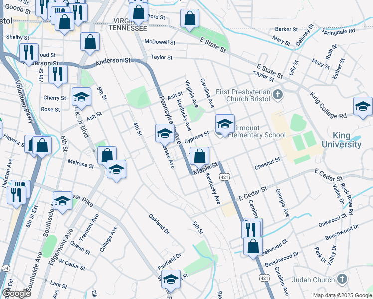 map of restaurants, bars, coffee shops, grocery stores, and more near 801 Pennsylvania Avenue in Bristol