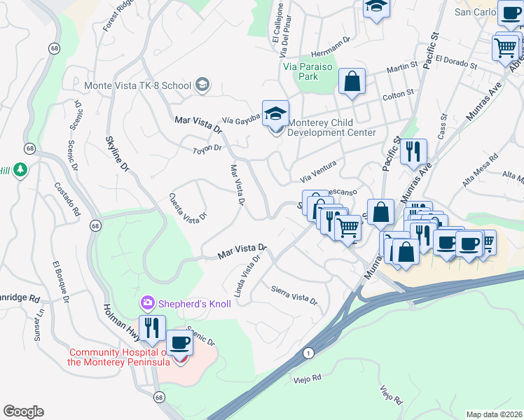 map of restaurants, bars, coffee shops, grocery stores, and more near 206 Soledad Drive in Monterey