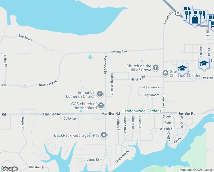 map of restaurants, bars, coffee shops, grocery stores, and more near 641 Rockwood Drive in Grove