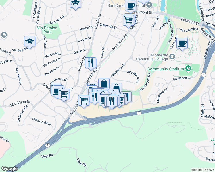 map of restaurants, bars, coffee shops, grocery stores, and more near 1189 Alta Mesa Road in Monterey